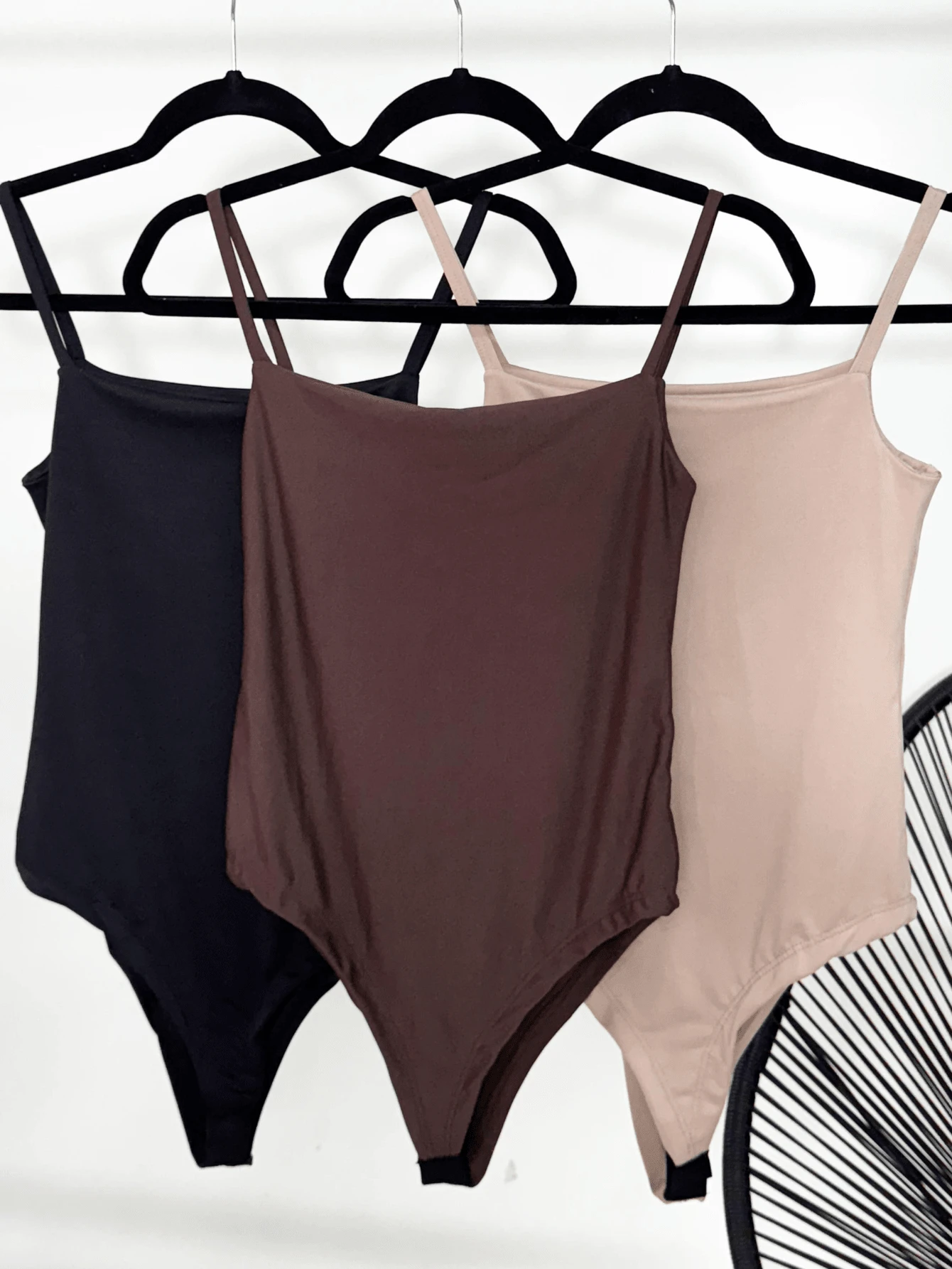 Kit 3 Women's Bodysuit Thin Strap Tank Top Casual Suplex Double Forddo - 黑色/巧克力色/裸色 - 查看 1