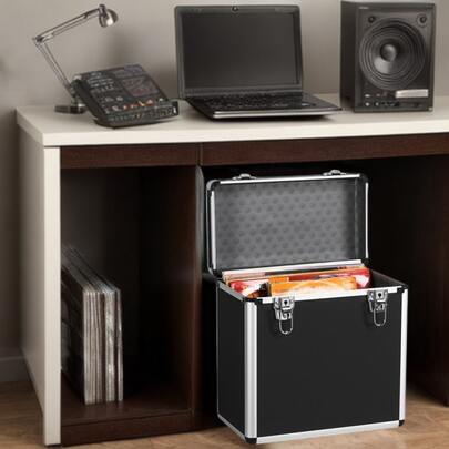 Vinyl Record Storage Case LP Storage Box Record Box Portable Album Collection Display Box Water Resistant Organizer Storage Holds 50 Valuable Records 7/10/12 Inch With Mesh Bag, Black