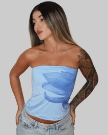 SLIM FIT STRAPLESS STRAPLES TUBE TOP CROPPED BASIC CASUAL TROPICAL PRINT FLOWER FLOWERS COLORFUL CUT OUT AITONA - Màu xanh nhạt - Xem 1