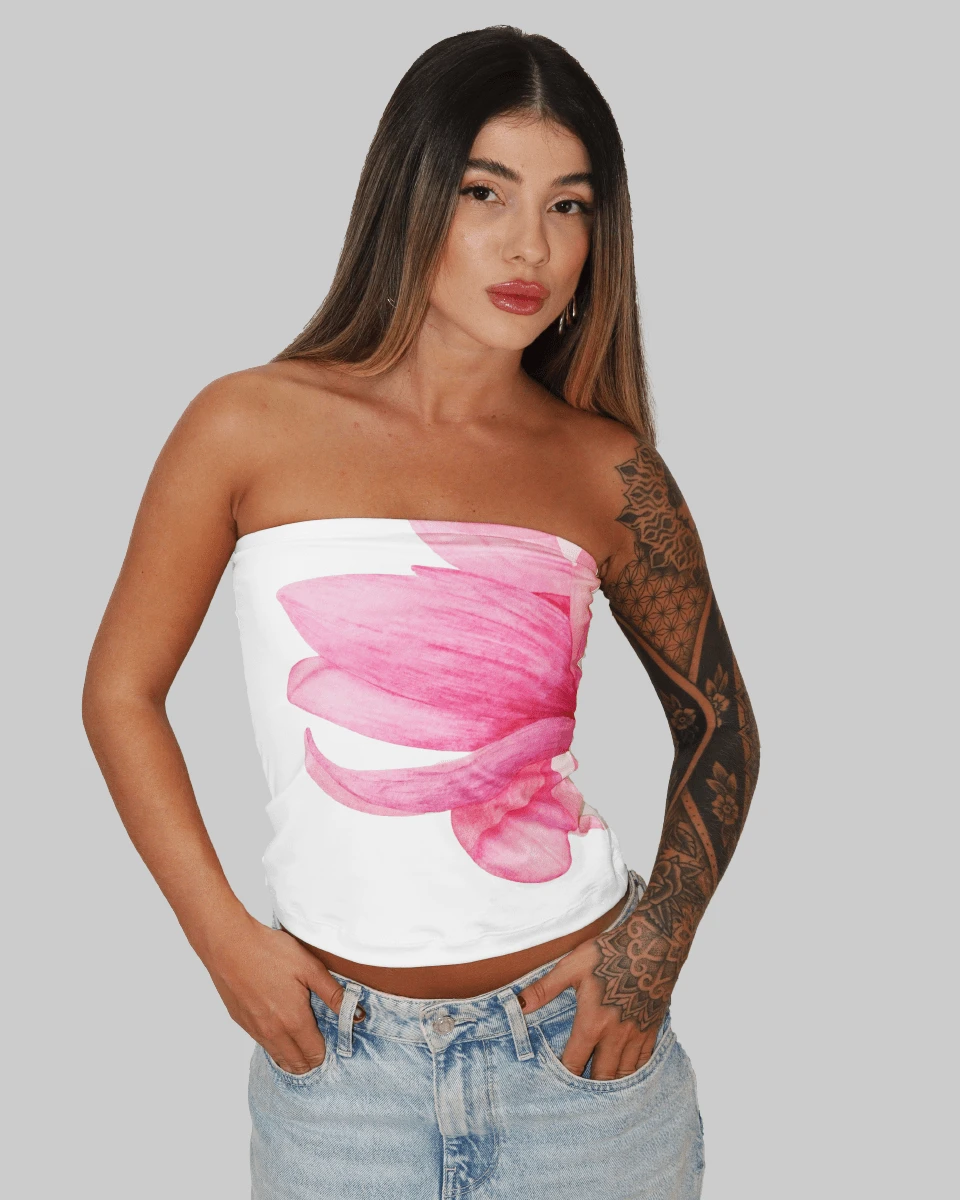 SLIM FIT STRAPLESS STRAPLES TUBE TOP CROPPED BASIC CASUAL TROPICAL PRINT FLOWER FLOWERS COLORFUL CUT OUT AITONA - Blanco - Ver 1