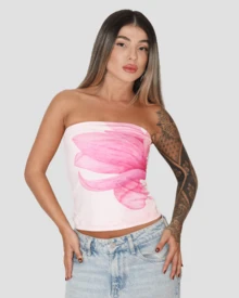SLIM FIT STRAPLESS STRAPLES TUBE TOP CROPPED BASIC CASUAL TROPICAL PRINT FLOWER FLOWERS COLORFUL CUT OUT AITONA - Baby Pink - View 2