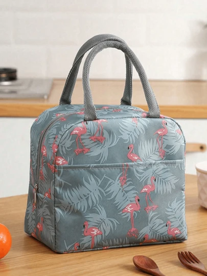1pc Reusable Portable Crane Print Insulated Lunch Bag, Cute Leakproof Lunch Tote Bag With Water Bottle Holder, Large Capacity Handbag For Travel, Work, Picnic, Beach