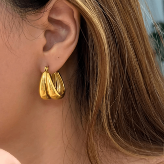 1 Pc Women's Vintage-Style Stainless Steel 18K Gold Plated Double Layer U-Shape Earrings, Suitable For Daily Wear And Weddings, Gift