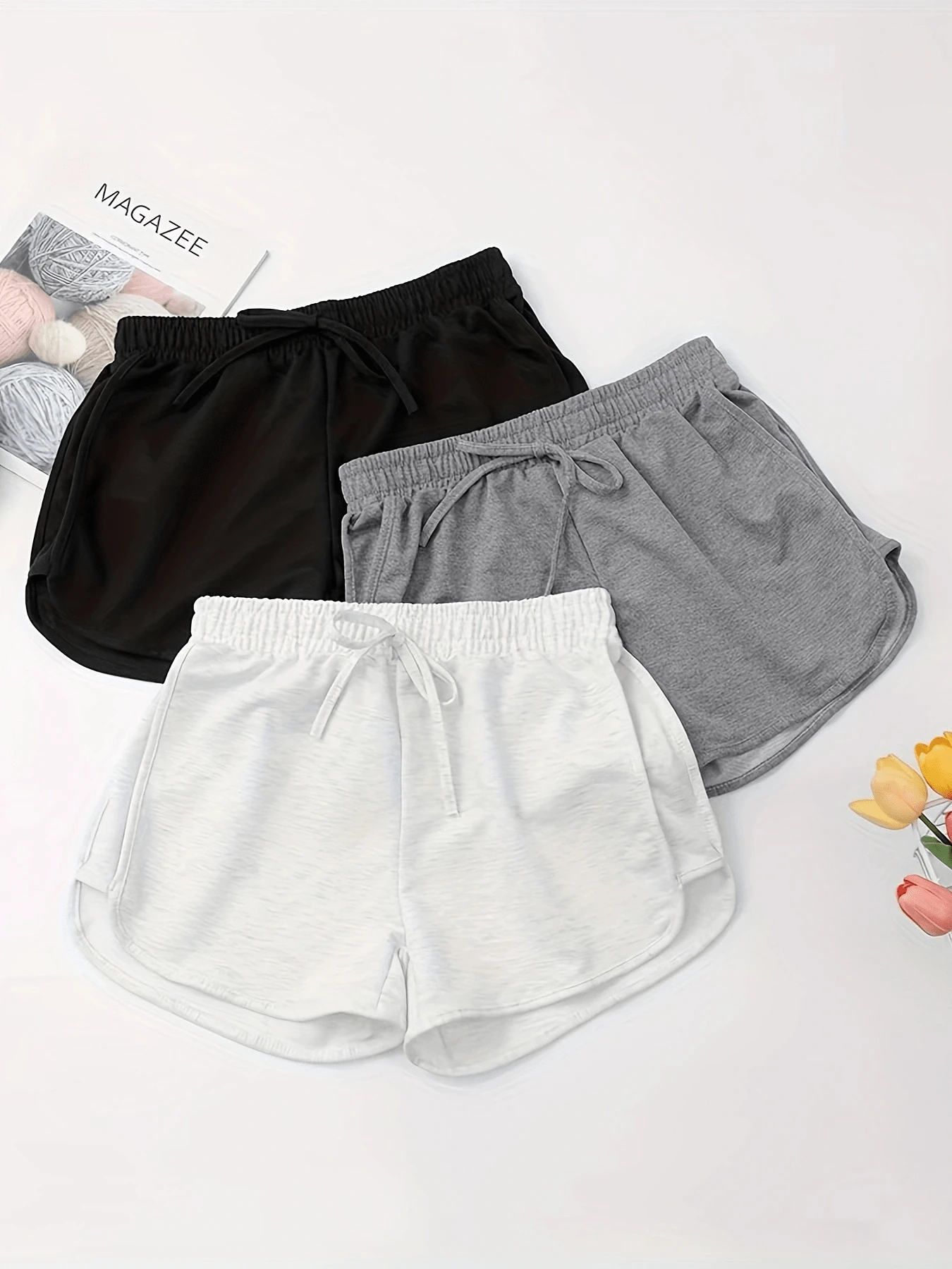 3 piezas/set Pantalones cortos deportivos para yoga, tenis, correr, entrenamiento al aire libre en verano - Blanco y Negro - Ver 1