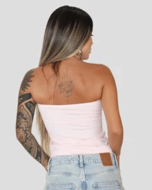 SLIM FIT STRAPLESS STRAPLES TUBE TOP CROPPED BASIC CASUAL TROPICAL PRINT FLOWER FLOWERS COLORFUL CUT OUT AITONA - Baby Pink - View 3