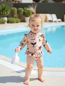 Baby Girls Rash Guard Swimsuit Rompers Long Sleeve Ocean Elements Print Toddler Ruffles Bathing Suit Swimwear - Pink - View 4