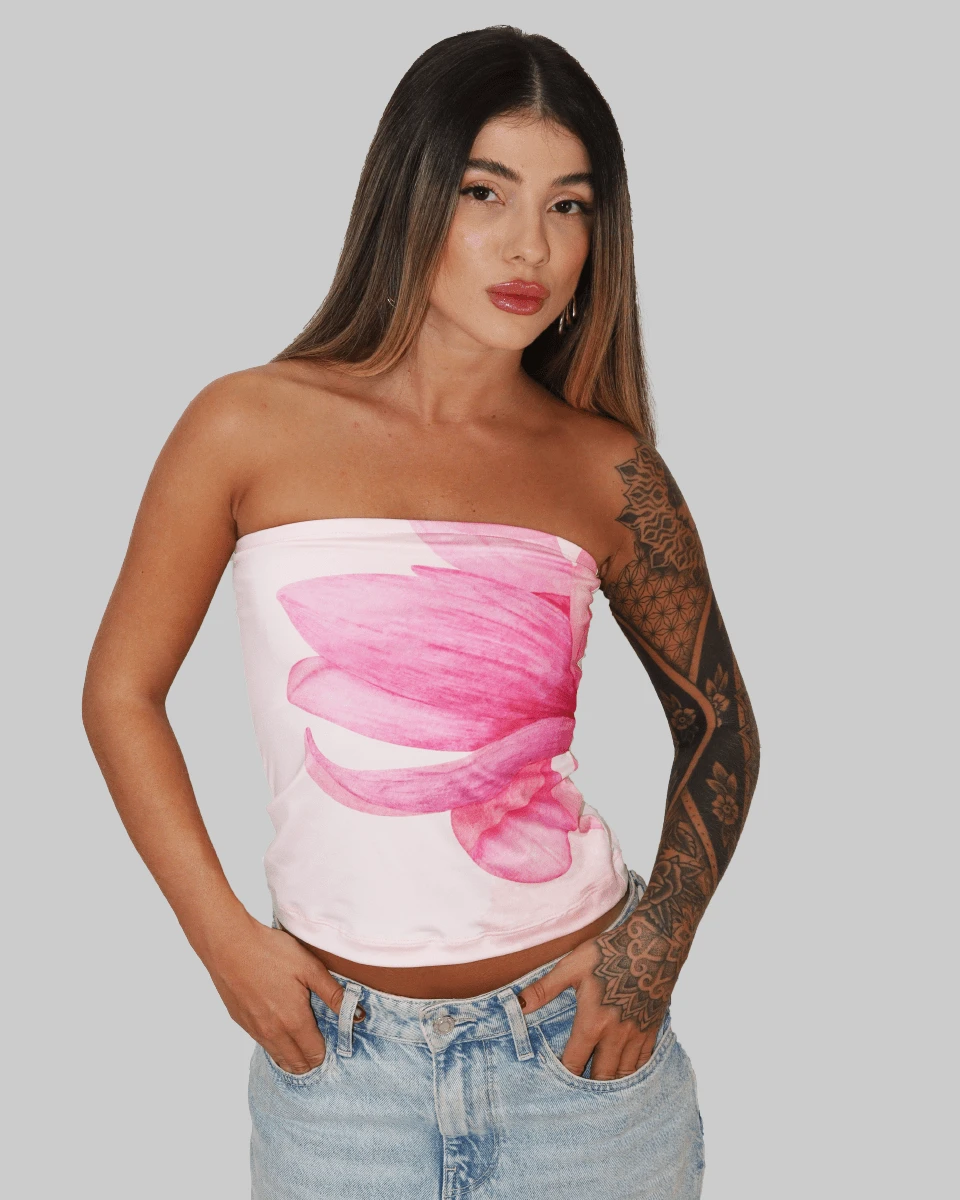 SLIM FIT STRAPLESS STRAPLES TUBE TOP CROPPED BASIC CASUAL TROPICAL PRINT FLOWER FLOWERS COLORFUL CUT OUT AITONA - Baby Pink - View 1