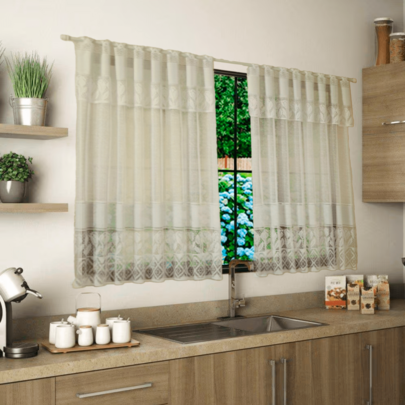 Cortina para Cozinha Palha Renda Tulipa Com Bando de 40cm, Largura 2,20m e Altura 1,20m. Linda e Prática!