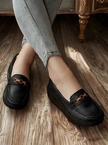 女士黑色水钻链条装饰厚底乐福鞋，优雅手工真皮鞋，户外金属扣套脚鞋，厚底休闲鞋 - 黑色 - 查看 8