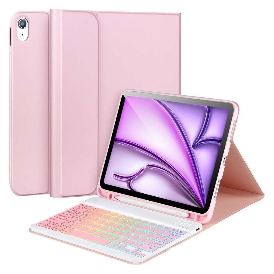 适用于三星 Galaxy Tab / Pad SE 的可拆卸彩色背光蓝牙键盘保护套,超薄轻巧支架保护套,带笔槽(不含 Apple Pencil),粉色保护套 + 粉色键盘 - 粉色 - 查看 1