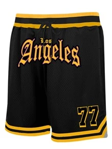 Pantaloncini da basket neri n. 77 da uomo, casual, con ricamo, con cerniera, tasche, pantaloni sportivi da festa