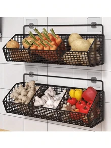 1pc,Piece Wall Mounted Kitchen Storage Basket - Multi-Functional Rack Organizer For Vegetables, Garlic, Onions - Metal Shelf Case - Suitable For Small Kitchen And Bathroom Storage, No Battery Required, Made Of Other Materials