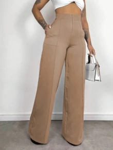 Women's High Waisted Fitted Trousers, Stylish Wide Leg Pants, Hollow Out Waist Design - Marrón - Ver 5