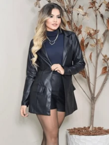 Faux Leather Blazer With Side Pockets - Black - View 2