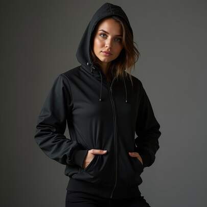 Jaqueta Agasalho Forrado Corta vento Preto Liso Feminino com Capuz