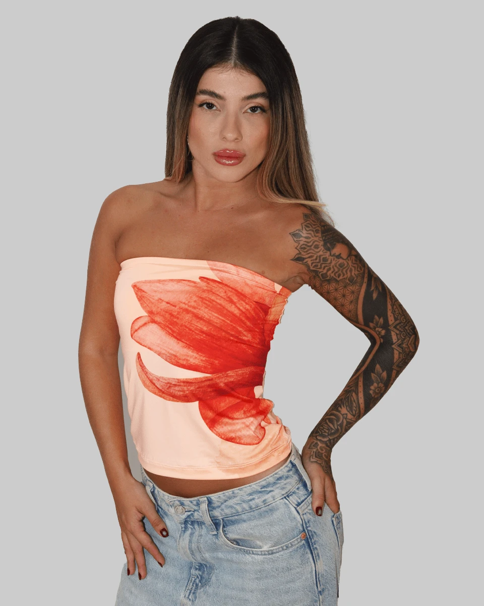 SLIM FIT STRAPLESS STRAPLES TUBE TOP CROPPED BASIC CASUAL TROPICAL PRINT FLOWER FLOWERS COLORFUL CUT OUT AITONA - Orange - View 1