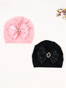 Gorro de niños con gemas de colores, decoración de lazo tridimensional de doble capa, gorra elástica tejida a mano a prueba de viento, gorro lindo para niñas pequeñas, adecuado para juegos al aire libre, fiestas y estilo diario