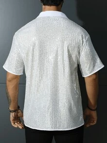 时尚男士闪光短袖衬衫，时尚派对街头服饰 - 白色 - 查看 3