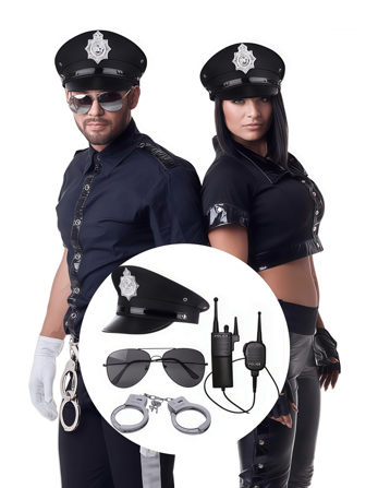 警察服装配件套装包括帽子、太阳镜、手铐、塑料对讲机，适合狂欢节、舞台表演、趣味派对舞会