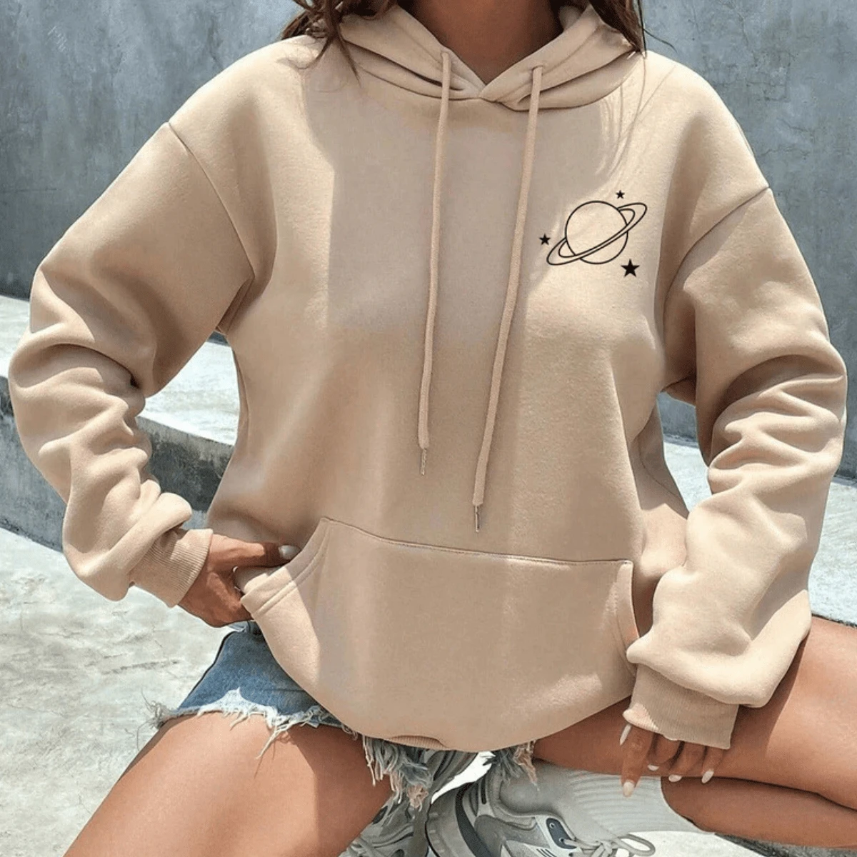 Women's Sweatshirt Cold Weather Blouse Printed Coat Planeta Moda Winter Hoodie Kangaroo Pocket - 卡其色 - 查看 1