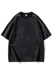 Camiseta de cuello redondo holgada con estampado de moda para hombre - Negro - Ver 2