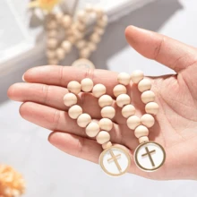 木制散装木制天主教念珠白色网袋适用于洗礼第一次新娘送礼会男士女士