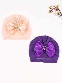 Gorro de niños con gemas de colores, decoración de lazo tridimensional de doble capa, gorra elástica tejida a mano a prueba de viento, gorro lindo para niñas pequeñas, adecuado para juegos al aire libre, fiestas y estilo diario