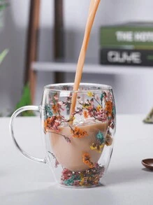 1 Double-Layer Glass Coffee Cup With Dried Flowers, Insulated And Heat-Resistant Water Cup, Suitable For Hot And Cold Drinks, Cold Drinks, Soda Water, Fruit Tea, Juice And Latte Coffee - Suitable For Weddings, Parties, Bridal Showers, Birthday Gifts, Teacher Gifts, Halloween, Christmas Gifts, Juice Cup, Matcha Cup, Mug, Breakfast Cup, Back To School Supplies, Dormitory Drinking Glass Cup, Students' Back To School Essentials
