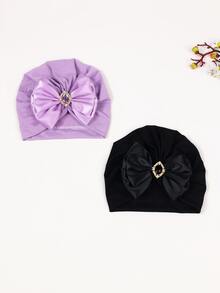 Gorro de niños con gemas de colores, decoración de lazo tridimensional de doble capa, gorra elástica tejida a mano a prueba de viento, gorro lindo para niñas pequeñas, adecuado para juegos al aire libre, fiestas y estilo diario