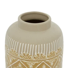 9", 11"H Floral Handmade Beige Ceramic Vase With Diamond Pattern, Set Of 2