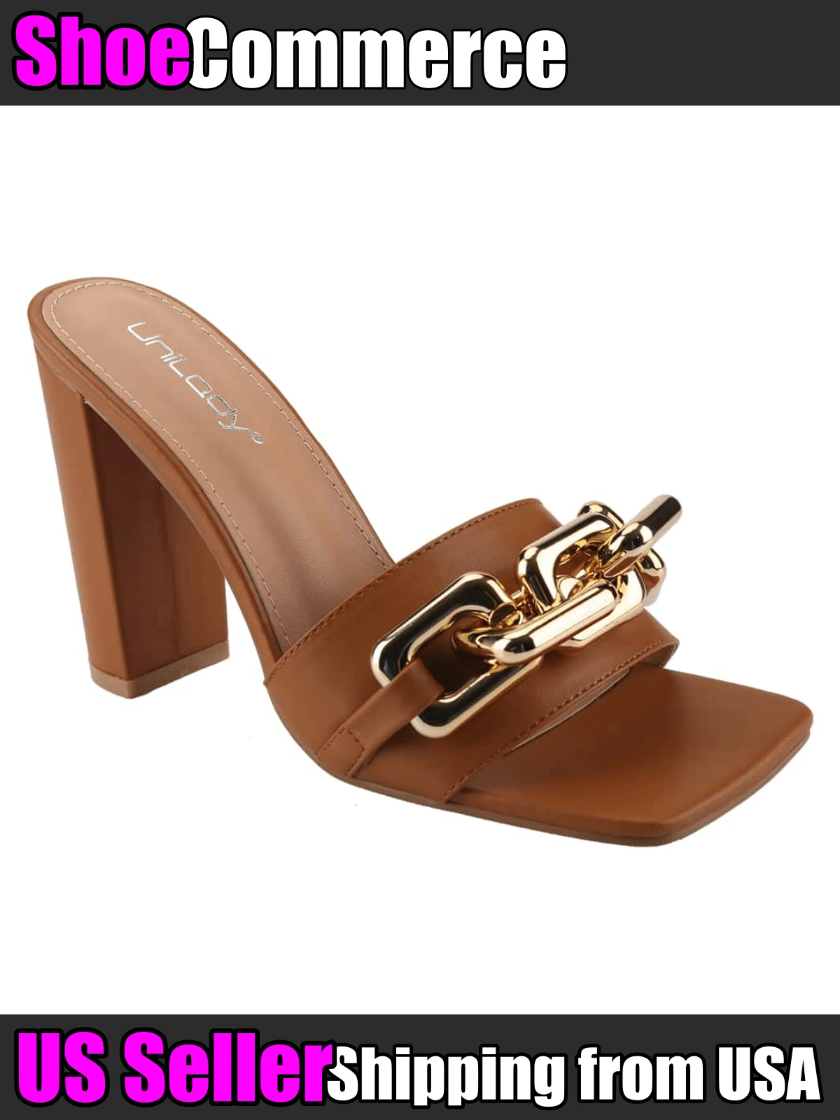 Women's Chain Decor Chunky Heeled Sandals Square Toe Block Heels Mules High Heel Open Toe Slip-On Sandals Heels Summer Spring Shoes Spring Break Easter Prom