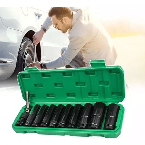 11pcs Set de Llaves de Vaso de Impacto Profesional de 1/2", Hecho en Acero Cromo-Molibdeno, Recubrimiento Anticorrosivo de Óxido Negro, Alta Resistencia al Torque, 10 Vasos + Adaptador con Caja de Almacenamiento, Perfecto para Mecánicos y Bricolaje