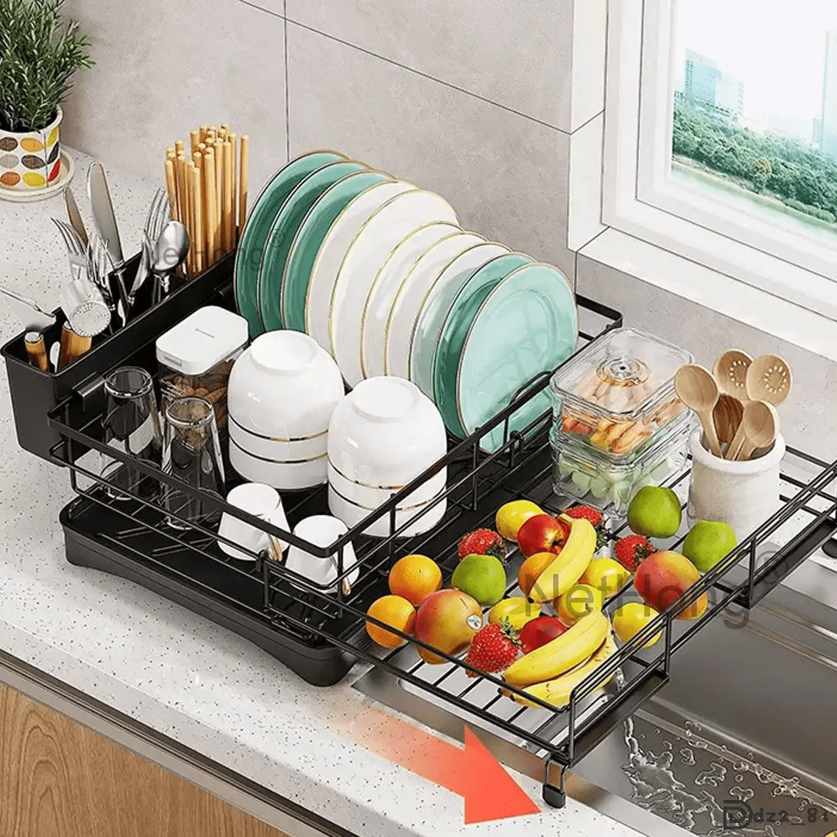 NetHong Retractable Chopper Spoon Fork Bowl Utensil Holder Retractable Dish Drainer Rack(Black) - Black E - View 1