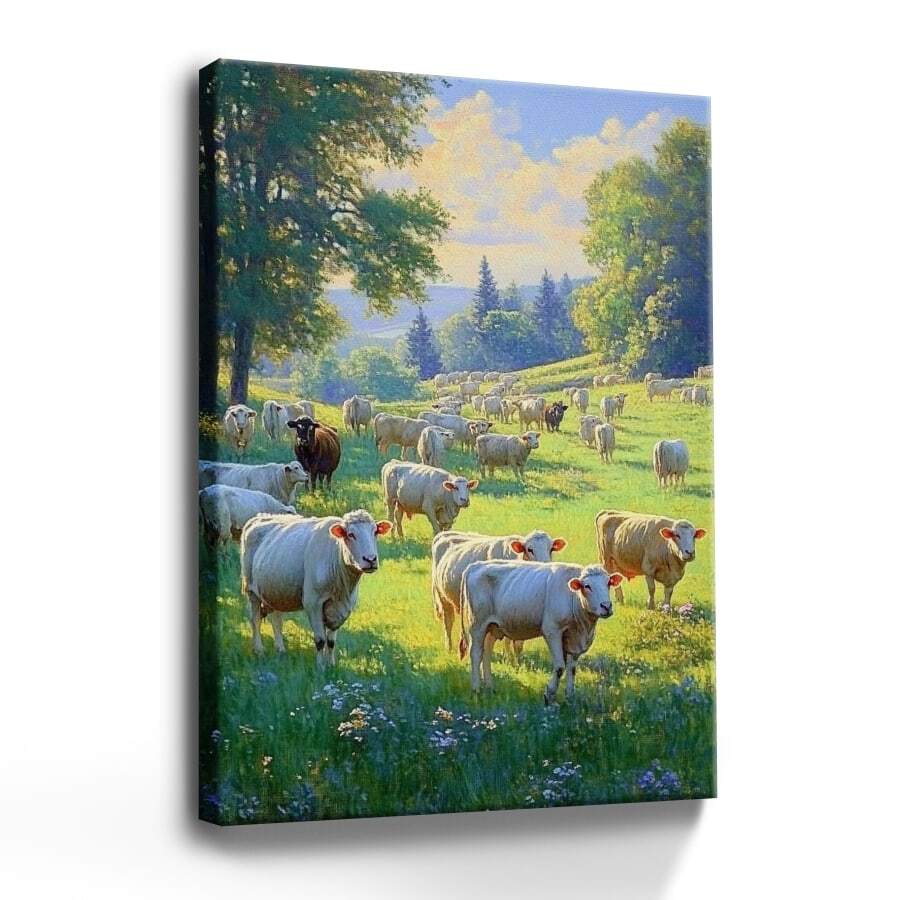 1pc Love Pet Framed Wall Art, Wrapped Canvas Poster Vintage Prints, Love Pet, A Herd Of Sheep Grazing In A Field, Birthday Party Decor, Decorative Wall Art For Living Room Bedroom Office, Hanging Hardware Included - Framed, Vertical - Framed Canvas - View 1
