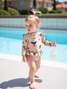 Baby Girls Rash Guard Swimsuit Rompers Long Sleeve Ocean Elements Print Toddler Ruffles Bathing Suit Swimwear - Pink - View 5