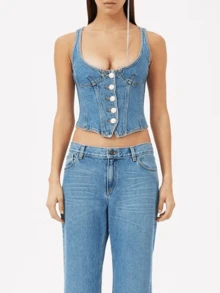 Women Crop Denim Tank Tops Casual Summer Front Button Basic Vest Sleeveless Shirt Aesthetic Clothes For Streetwear