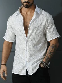 时尚男士闪光短袖衬衫，时尚派对街头服饰 - 白色 - 查看 4