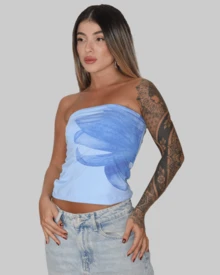 SLIM FIT STRAPLESS STRAPLES TUBE TOP CROPPED BASIC CASUAL TROPICAL PRINT FLOWER FLOWERS COLORFUL CUT OUT AITONA - Màu xanh nhạt - Xem 2