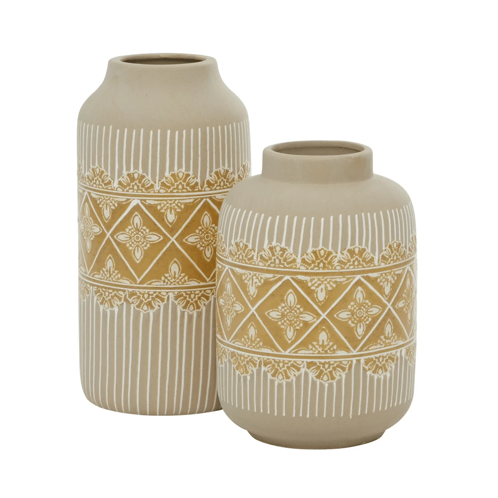 9", 11"H Floral Handmade Beige Ceramic Vase With Diamond Pattern, Set Of 2