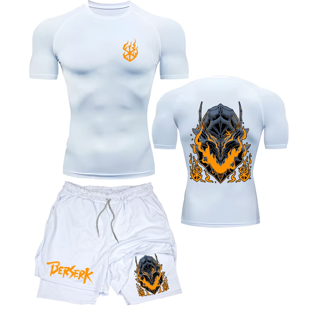 Compression T-Shirt And Compression Shorts Kit 2 In 1 Anime Manga Art Bersek Knight Art - White - View 1