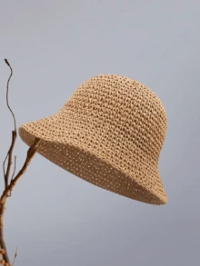 Classic Straw Hat For Women, Fashionable Sun-Shading Straw Beach Hat, Versatile Bucket Hat, UV Protection, Spring/Summer - Camel - View 2