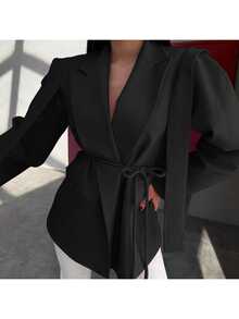 女士纯色翻领长袖宽松休闲西装外套，优雅春季穿搭，秋季女装 - 黑色 - 查看 4