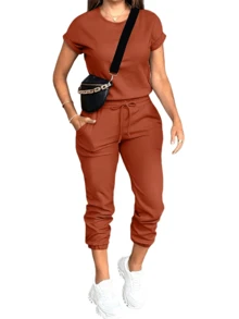 Spring And Summer Casual Solid Color Short-Sleeved Top And Pants Curve Plus Two Piece Sets - 摩卡棕 - 查看 2