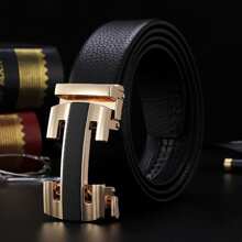 1pc Men Belt Fashionable All-Match Black Belt Leisure Business Automatic Buckle Golden Belt Gift For Boyfriend/Elders/Daily Life Summer, School