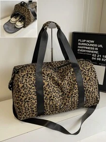 Sac de voyage en velours imprimé léopard avec compartiment à chaussures - Grande capacité, sac fourre-tout léger et spacieux pour la fitness, le sport et le yoga des femmes. Sac à main idéal pour les voyages organisés, les séjours de week-end et les cadeaux de vacances pour les passionnés de fitness.