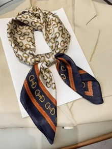 1pc Women Luxury Retro Chain Print 27.5in (70cm) Square Scarf, Versatile Fashion Accessory Headscarf, Suitable For Daily Wear, Beach Holiday - Khaki Blue - View 2