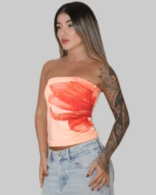 SLIM FIT STRAPLESS STRAPLES TUBE TOP CROPPED BASIC CASUAL TROPICAL PRINT FLOWER FLOWERS COLORFUL CUT OUT AITONA - 橘色 - 查看 2