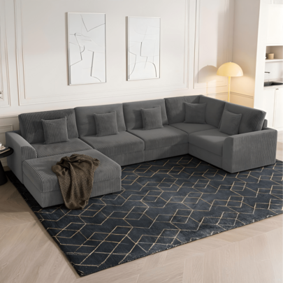  ADVWIN 146" Oversized Corduroy Modular Sectional Sofa - 6 Seats, Convertible Sleeper Lounge Couch With Ottoman & 5 Pillows - Comfortable Modern Sofa For Living Room