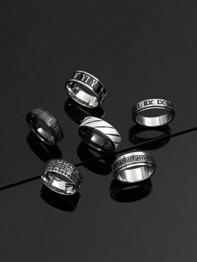 6件套黑色不锈钢戒指，时尚罗马字母旋转戒指，深色系饰品，适合日常佩戴，新年必备，情人节送男友/老公的礼物，开学季礼物