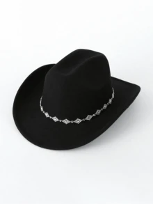 1pc Women's Solid Color Rhombus Sequin Decor Western Cowboy Hat, Elegant Casual Small Hat For Travel, Party, Daily Use, Mother's Day Gift - Black - View 3